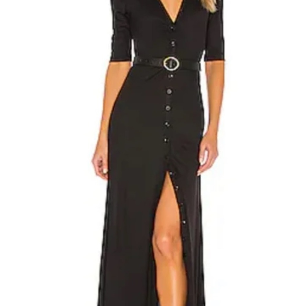L'Academie Black Maxi Dress with V-Neck and Cuffed Sleeves